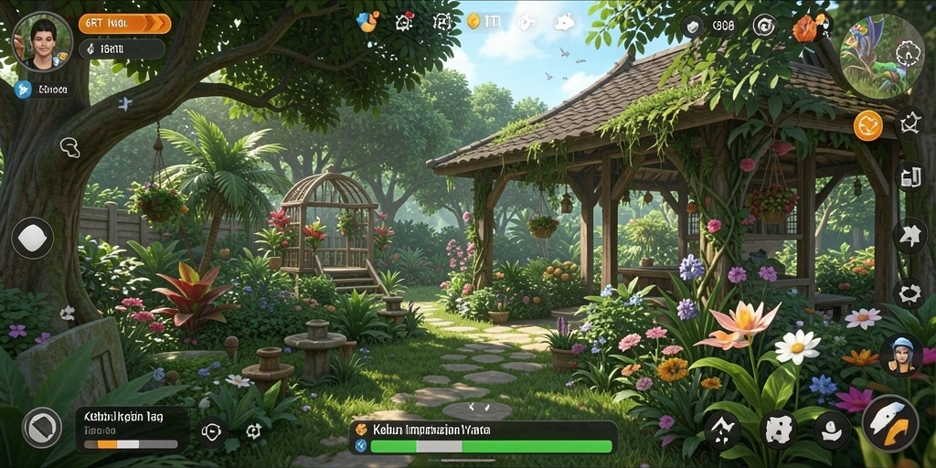 Tangkapan layar 6RT menunjukkan kebun yang indah dan aktivitas bertani.