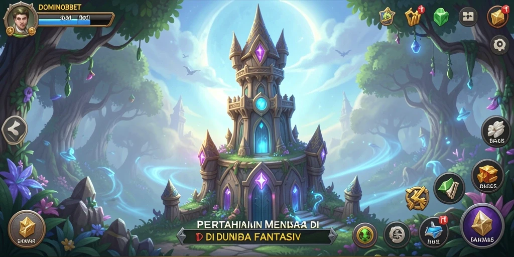 Screenshot gameplay <strong>DOMINOBET</strong> yang menunjukkan menara yang diperkuat dan serangan musuh.