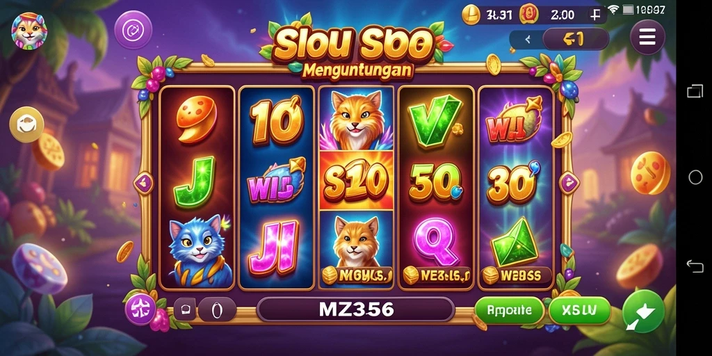Tangkapan layar gameplay Slot MZ356 yang menampilkan simbol dan fitur menarik.