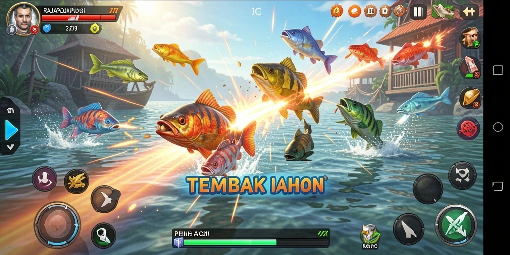 Screenshot gameplay RAJAPOLA menampilkan aksi menembak ikan yang seru.