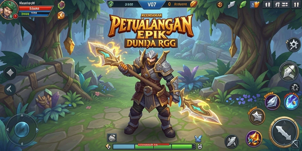Screenshot V07 menunjukkan pertarungan seru dalam dunia RPG yang kaya.